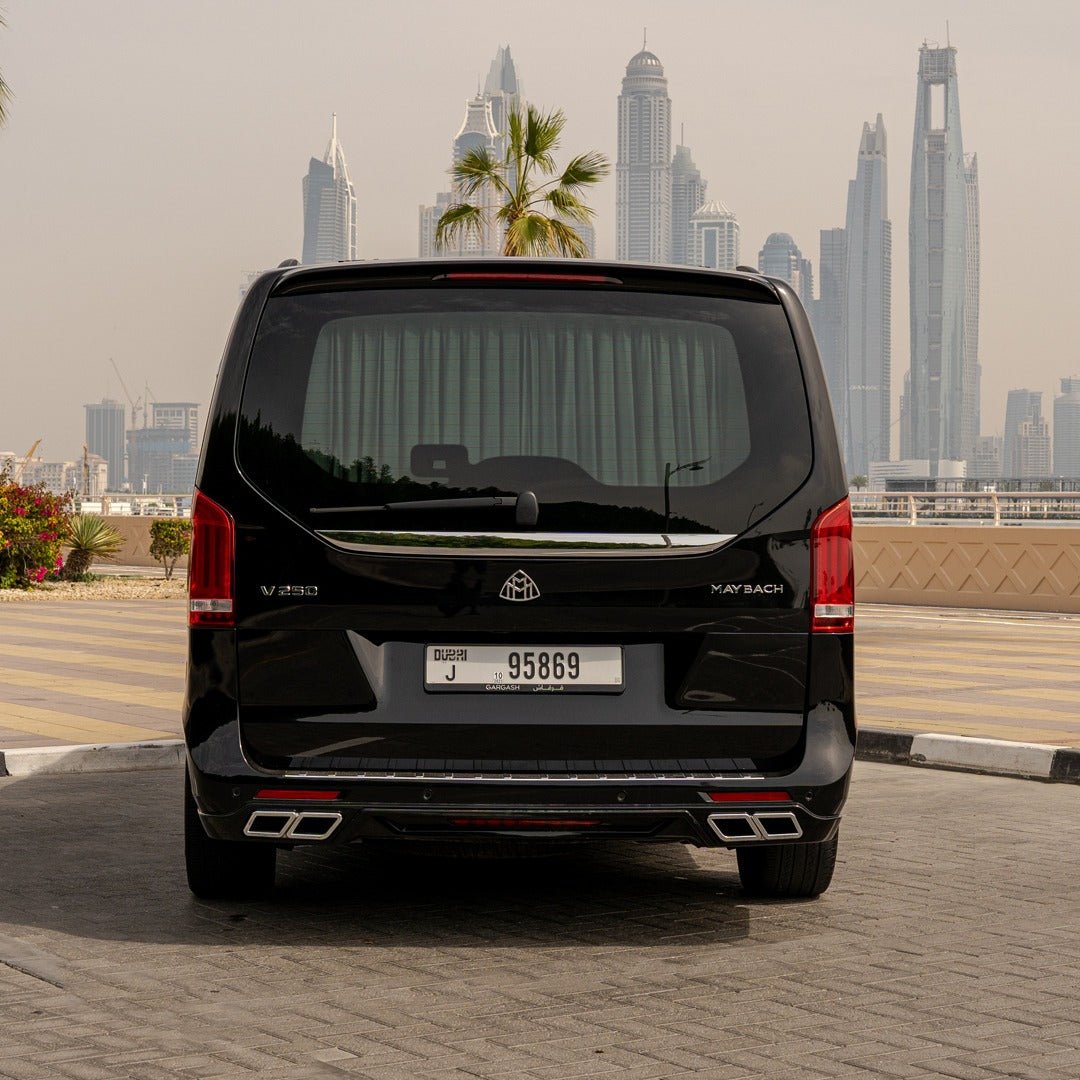 Rear view of Falcon Edition V-Class ready for Dubai airport for VIP arrival