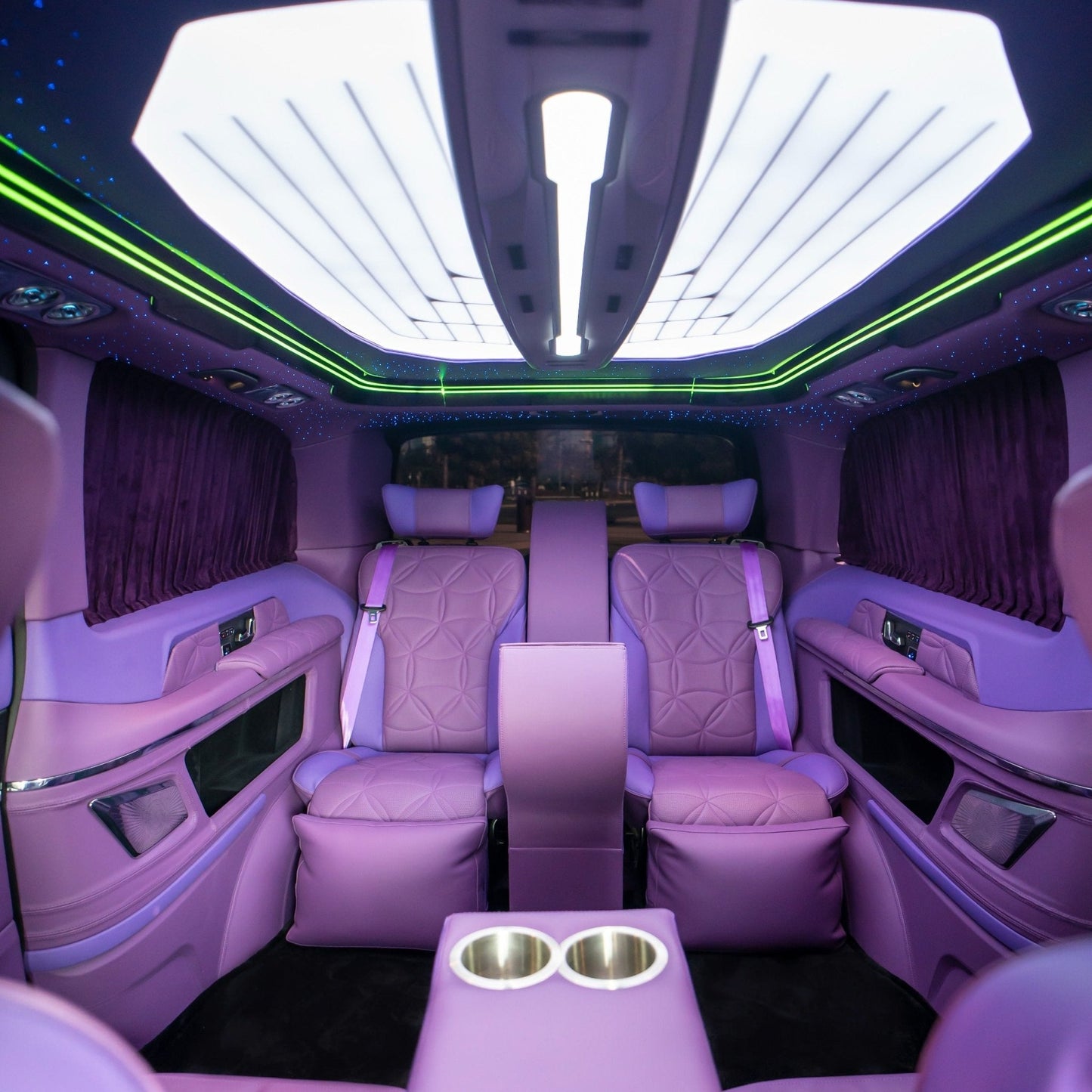 Romantic ambient lighting inside Lavender Edition luxury chauffeur van