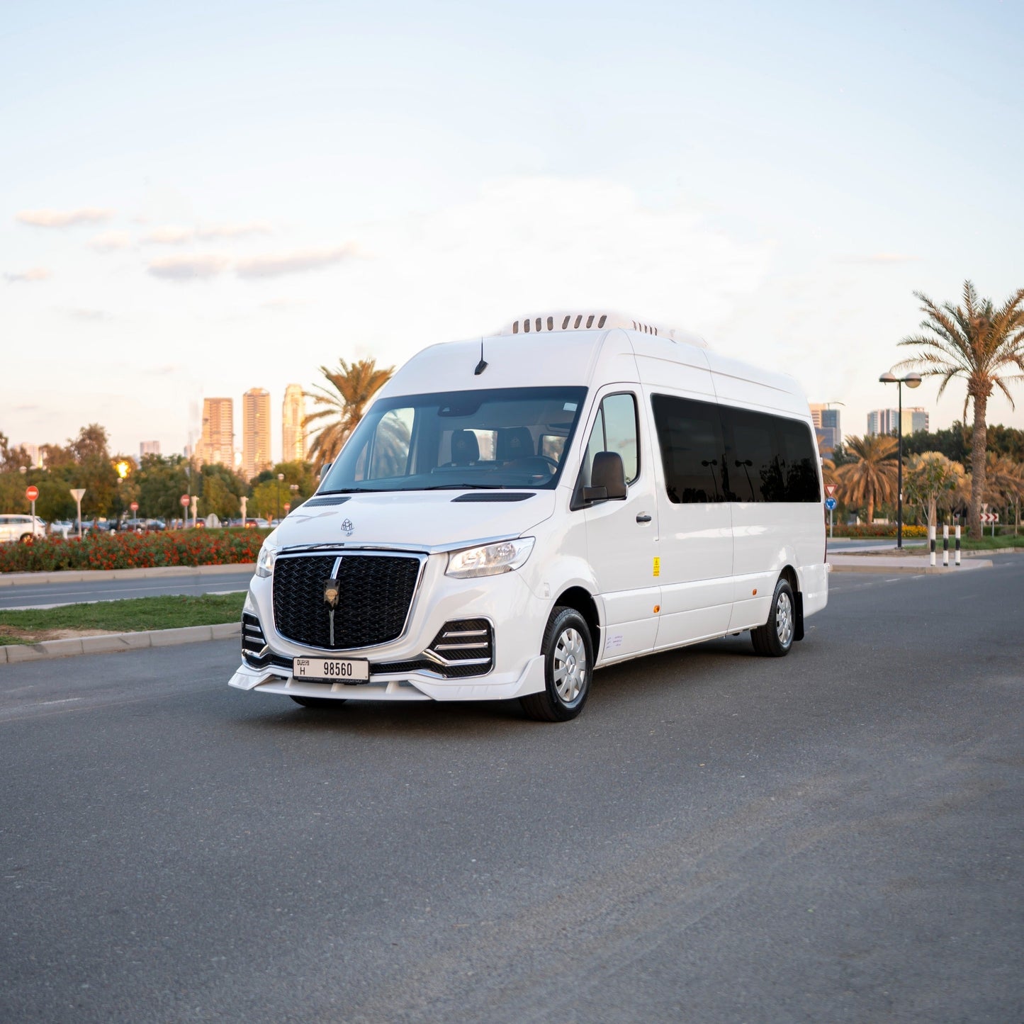 Front view of Maybach Sprinter 14-seater luxury van in Dubai