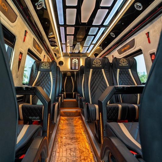 Ambient LED lighting and Maybach design features inside 16-seater van