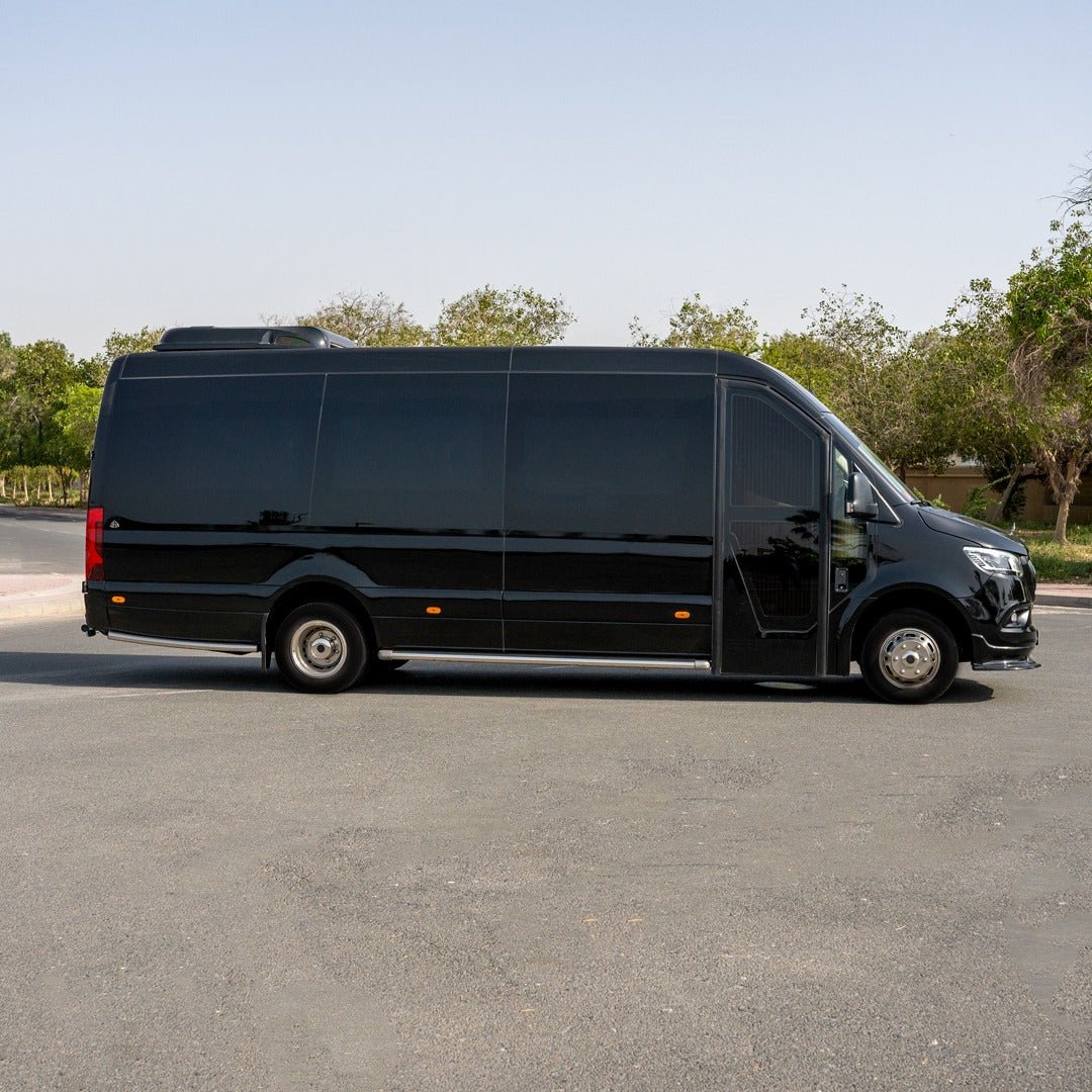 Side profile of Maybach Mercedes Sprinter 16 van for group travel