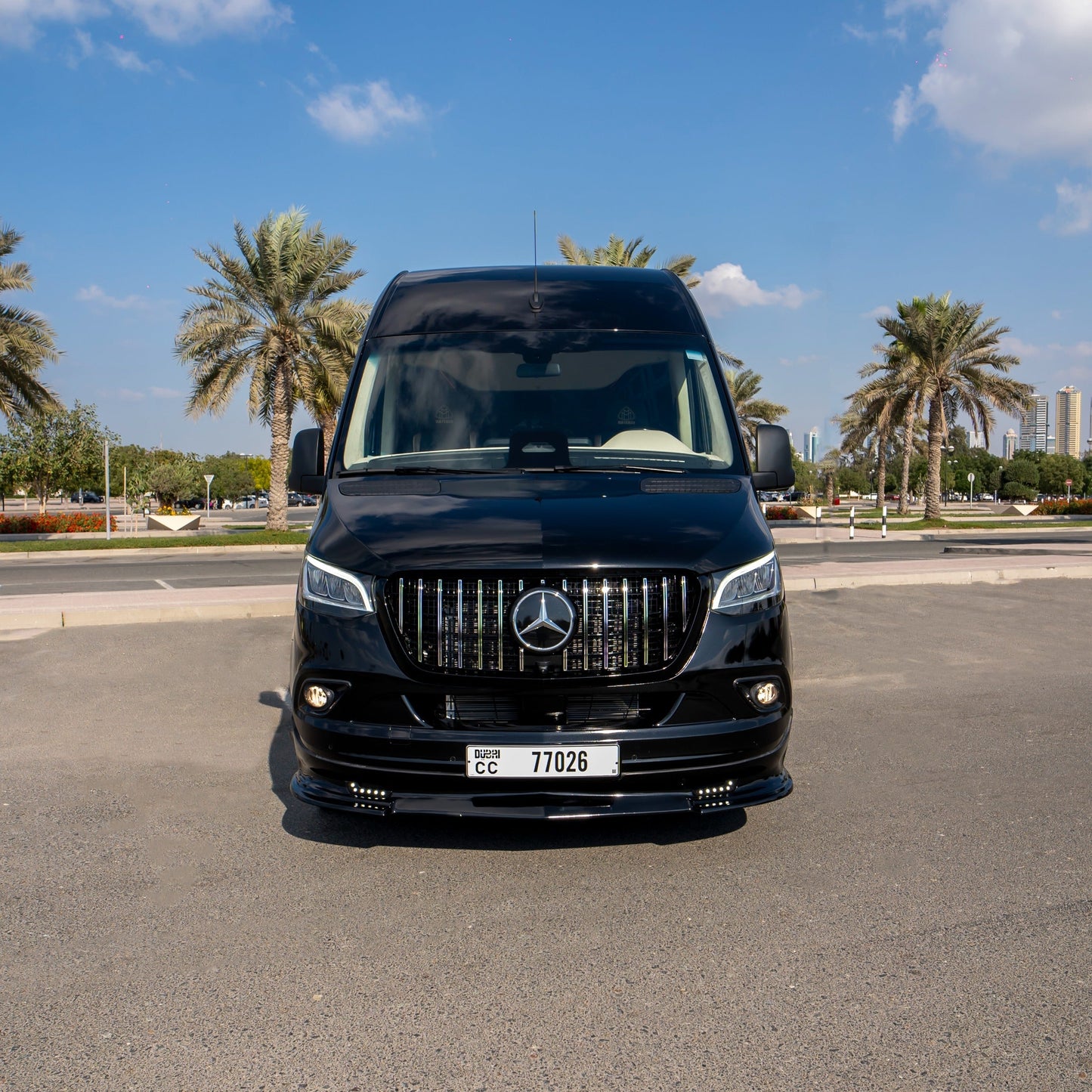Front view of Maybach Sprinter 19-seater luxury van in Dubai