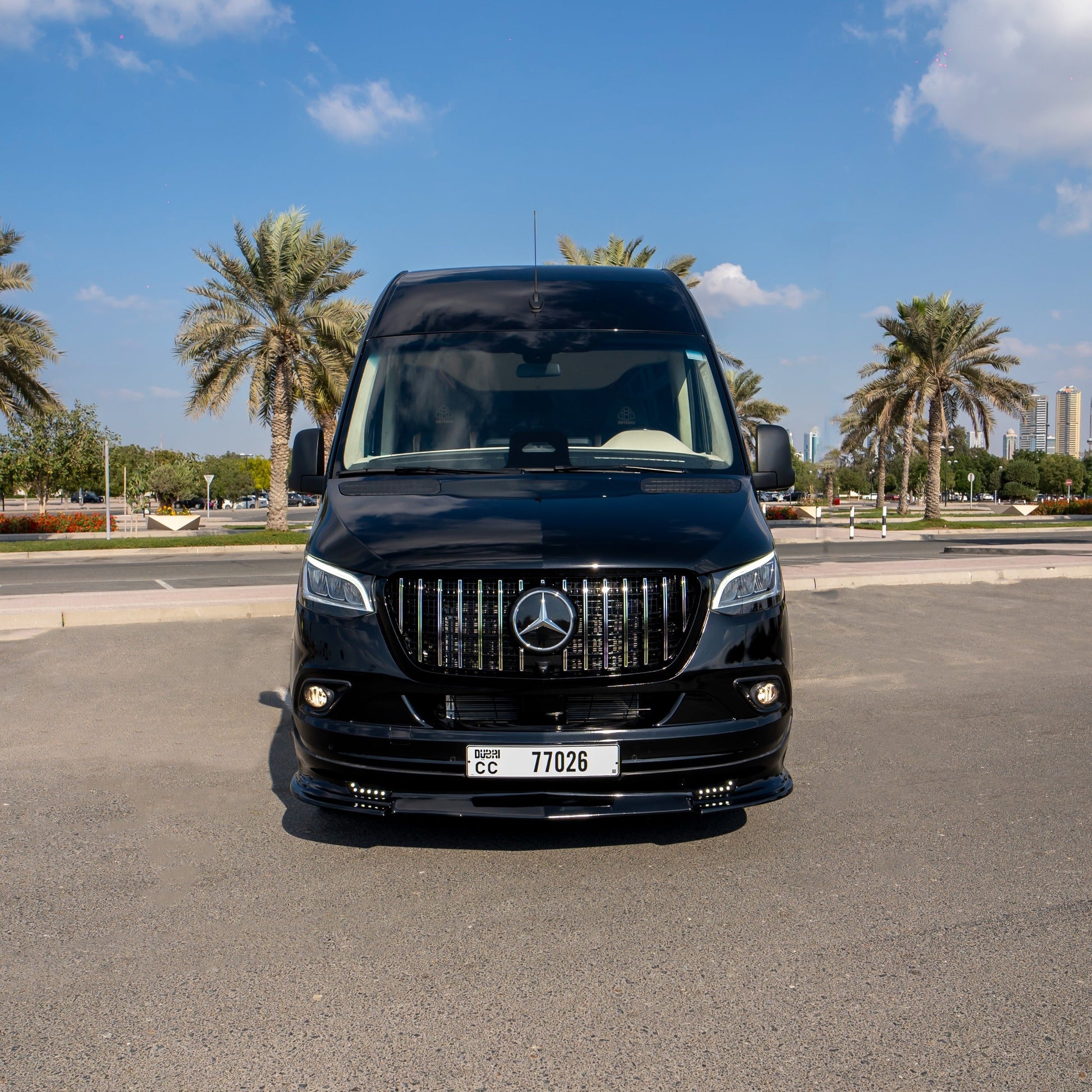 Front view of Maybach Sprinter 19-seater luxury van in Dubai