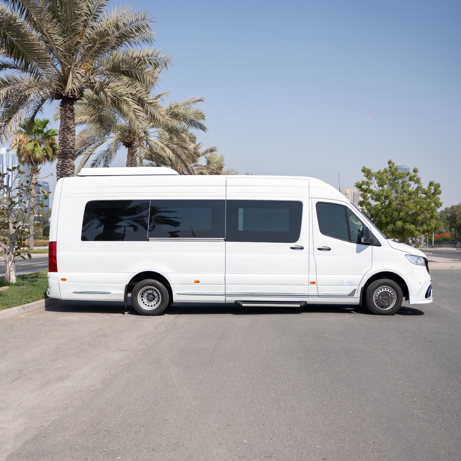Side view of Royal Sprinter 9 Mercedes van for VIP travel