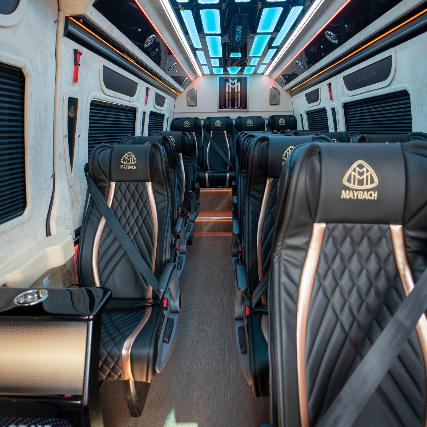 Comfortable Maybach-style interior of chauffeur-driven Sprinter van in Dubai