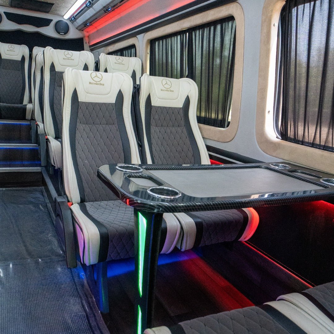 Spacious interior of VIP Sprinter 16 seater chauffeur van