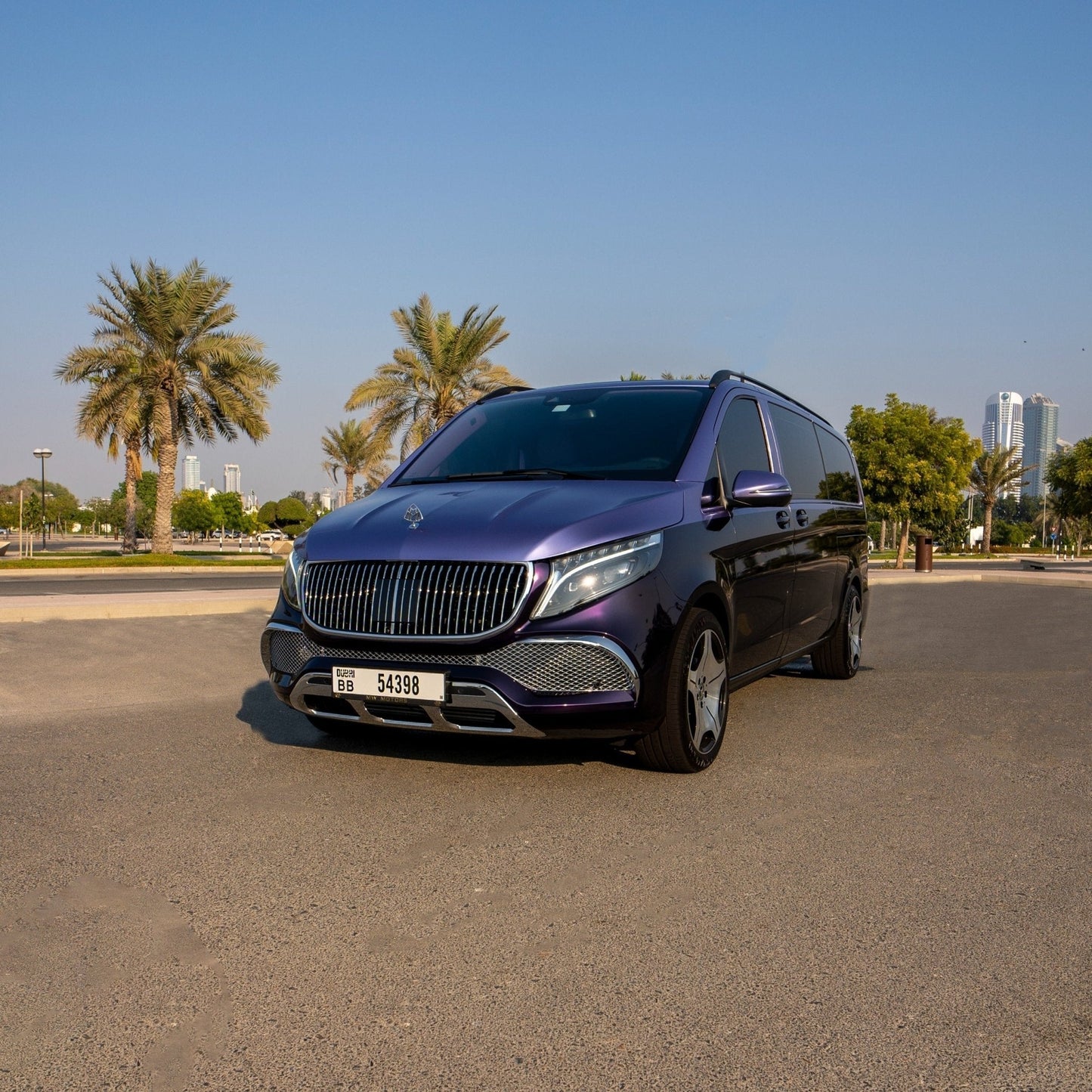Front view of Maybach Lavender Edition luxury van in Dubai