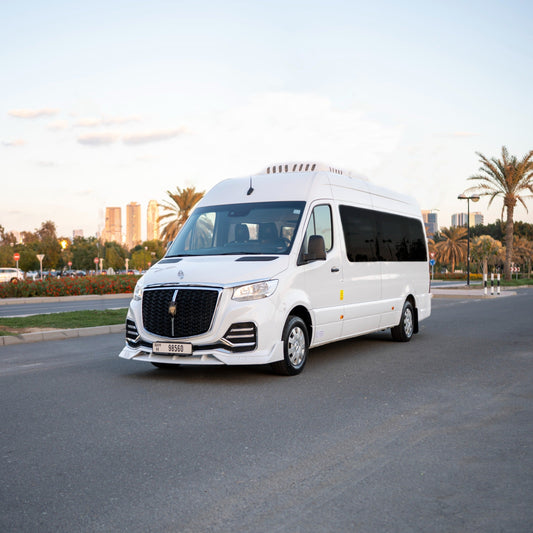 Front view of Maybach Sprinter 14-seater luxury van in Dubai