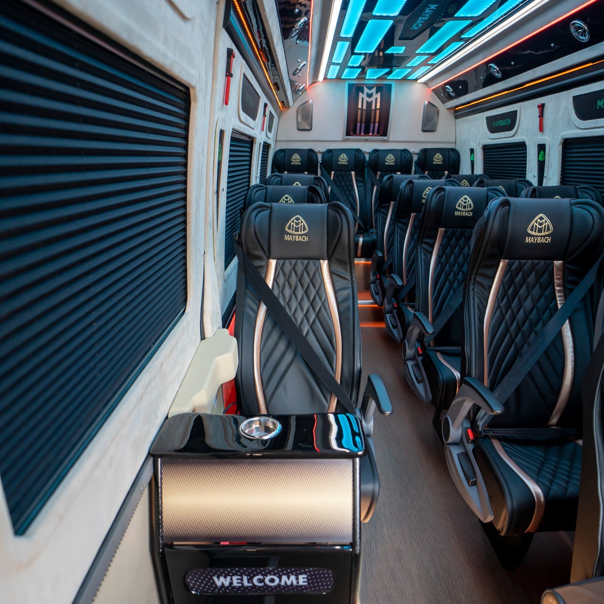 VIP interior view of Mercedes Maybach Sprinter with LED ambient lighting