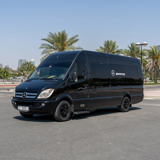 Front view of Premium Sprinter 12-seater Mercedes van in Dubai