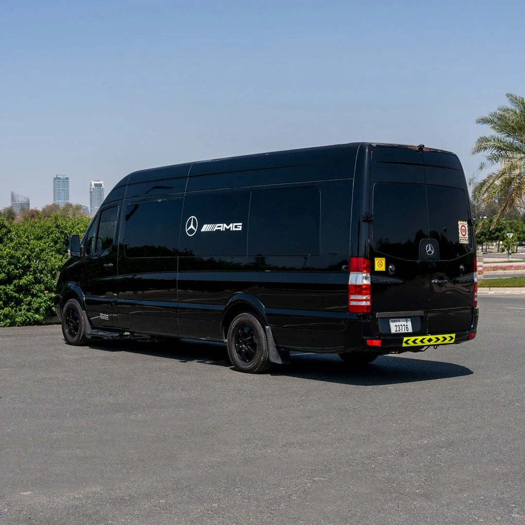 Premium 12-seater Sprinter van ready for hotel guest pickup in Dubai