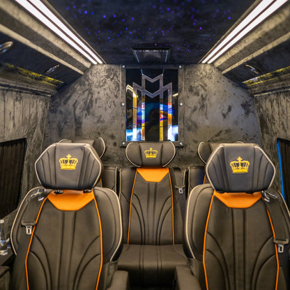 Elegant interior layout of 9-seater Mercedes Sprinter for private travel