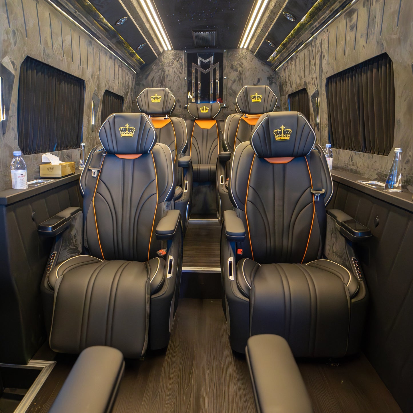 Plush VIP leather seating inside Royal Sprinter 9 Mercedes van