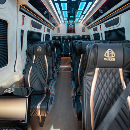 Comfortable Maybach-style interior of chauffeur-driven Sprinter van in Dubai
