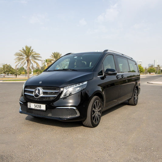 Front view of V250 Elite Mercedes V-Class chauffeur van in Dubai