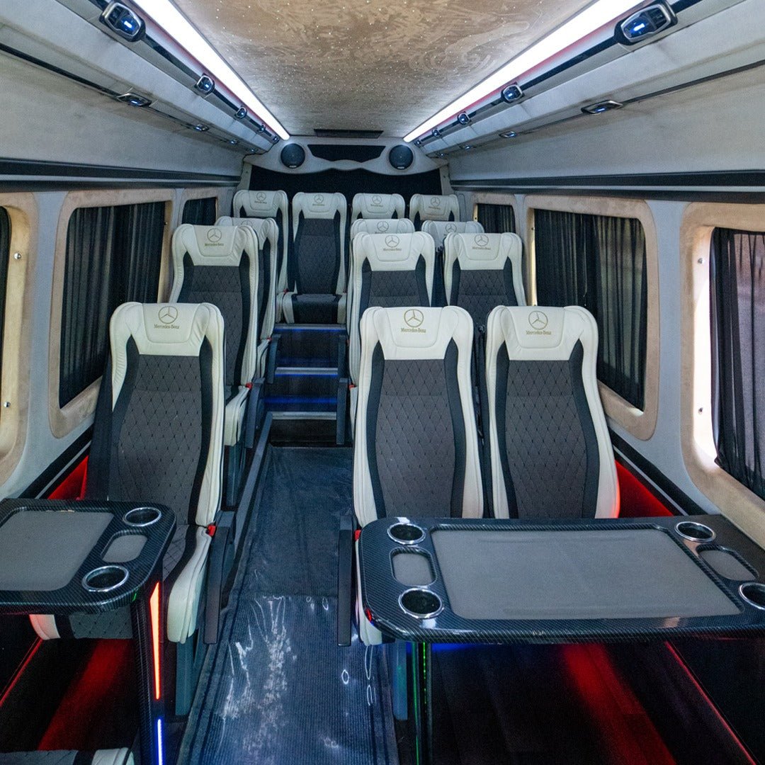 Leather seating inside VIP Sprinter 16 seater van