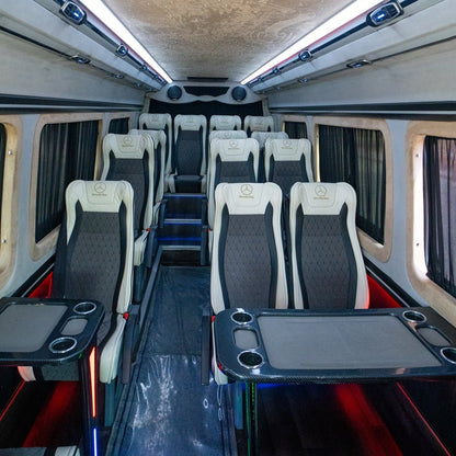 Leather seating inside VIP Sprinter 16 seater van